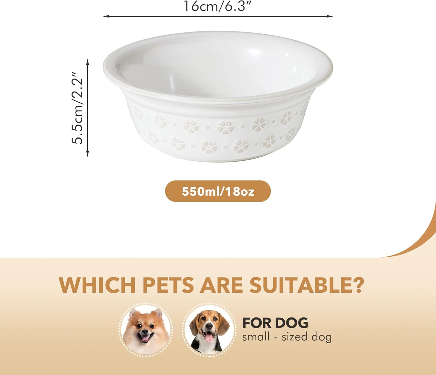 6.3inch Ceramic Set of 2 Dog Bowls, Food and Water Bowls for Small and Medium Dog, 2pcs Basic Dog Bowl, Wide Opening Rounded Edge (2 Bowls, Reactived Glaze -White) - Pet Explorer