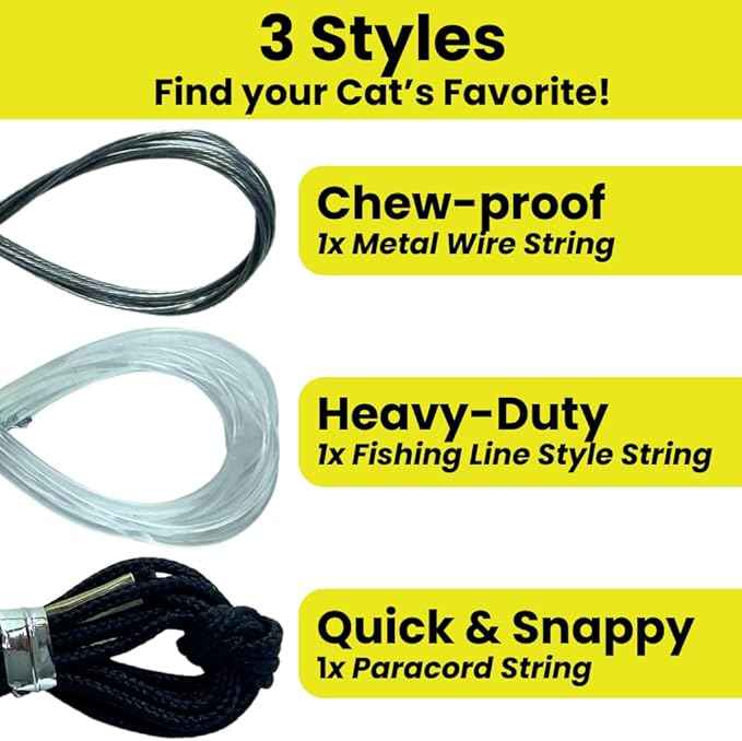 Forever Stick and 3 Strings including Chew Proof Metal Wire - The Unbreakable Cat Wand Toy, Durable Cat Toy Wand, Extra Long Cat String Toy, Cat Fishing Pole Toy for Bored Indoor Adult Cats, Stick Toy