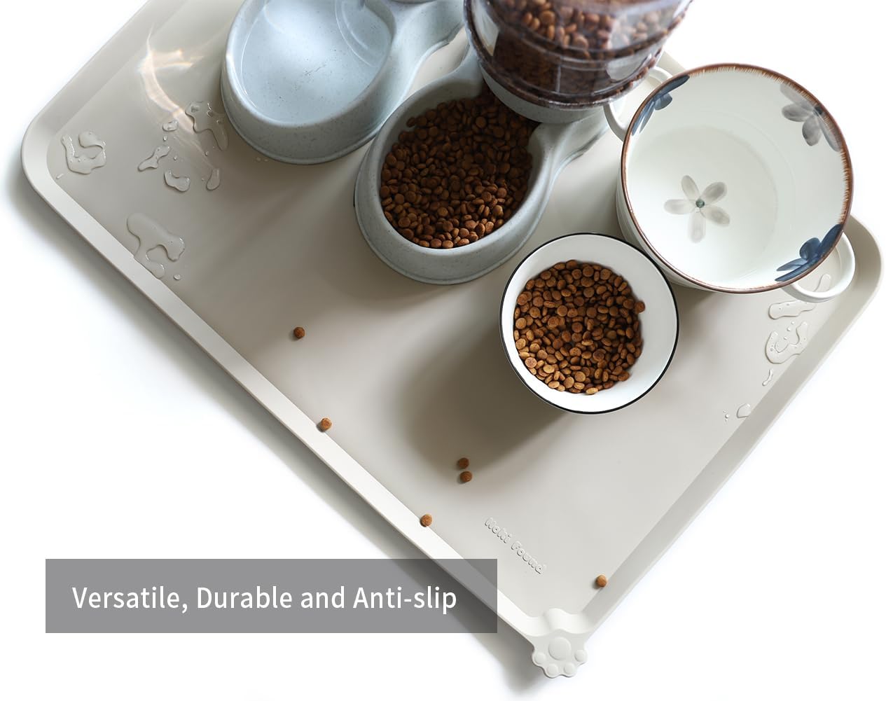 Hoki Found X-Large Silicone Non Slip Pet Food Mats - Tray for Dogs, Cats - Waterproof, Suitable for Carpet - Cream Brown - Pet Explorer