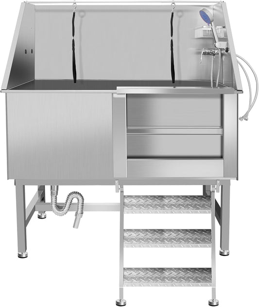 50" Pet Dog Bathing Station W/Ramp, Professional Stainless Steel Dog Grooming Tub W/Soap Box, Faucet,Rich Accessory, Dog Bathtub for Large,Medium,Small Pets, Washing Sink for Home (50" Right ramp) - Pet Explorer