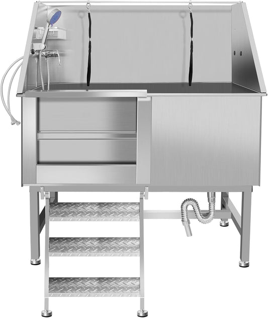 50" Dog Washing Station, Professional Stainless Steel Dog Bathing Station, Equipped/W Three Anti-Slip Steps, Removable Door, Upgraded Spray Nozzle&Hose - for Home, Pet Grooming Salon (50" Left ramp) - Pet Explorer