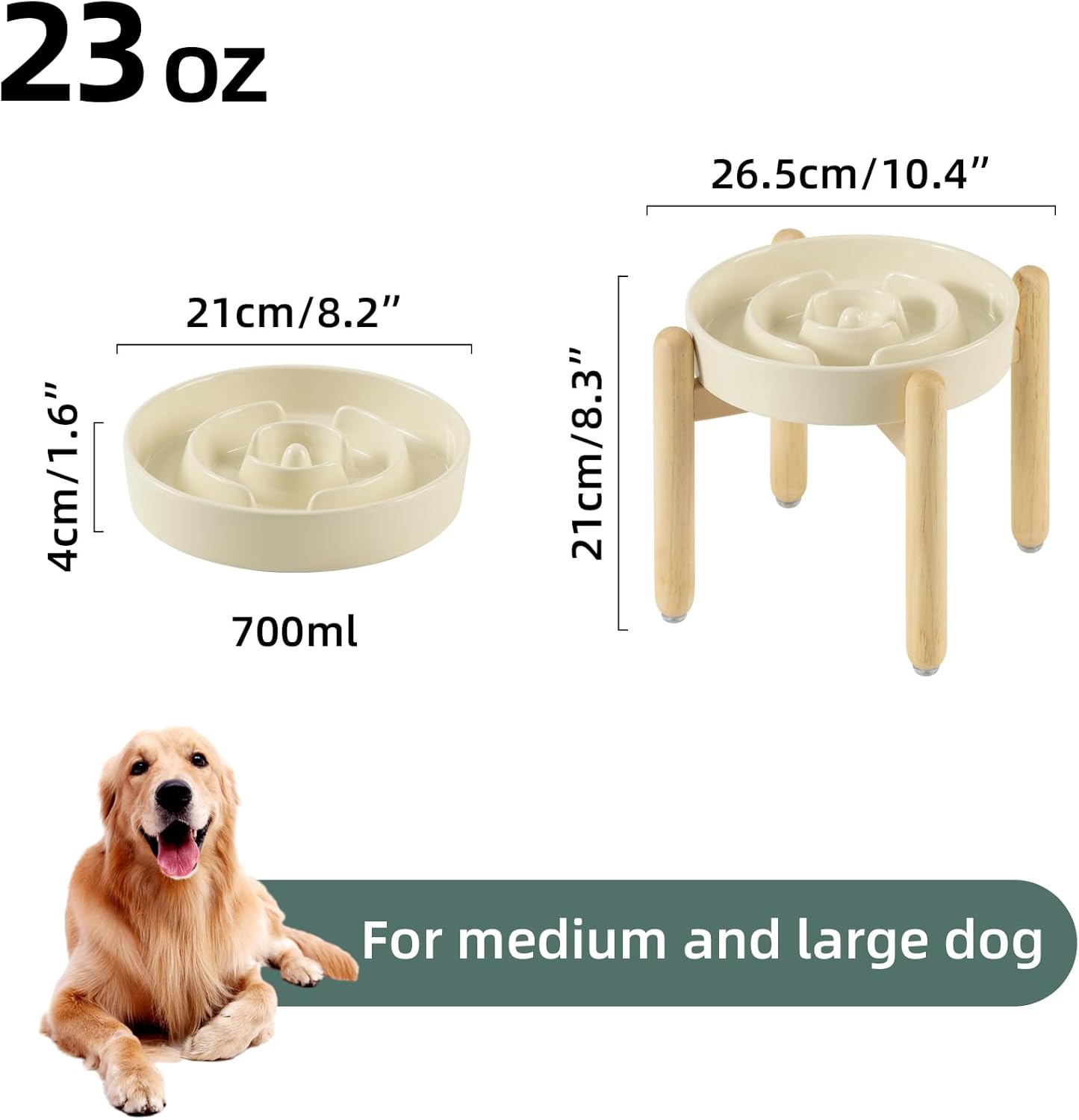 8.2inch Ceramic Raised Slow Feeder Dog Bowl Set, Elevated Wooden Stand for Large and Medium Dog, Puzzle Slow Dish, Anti-Gulping(Beige, Single Bowl+ Stand) - Pet Explorer