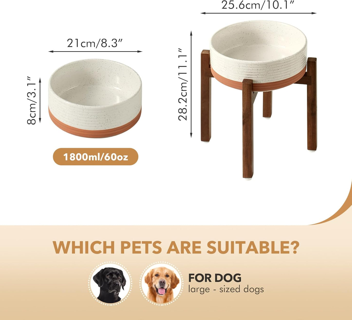 Ceramic 8.2inch Raised Dog Bowl Set, Elevated with Acacia Wood Stand, Food and Water Bowl for Large Breed Dogs, Weighted Pet Dishes(60oz, Vanilla White) - Pet Explorer