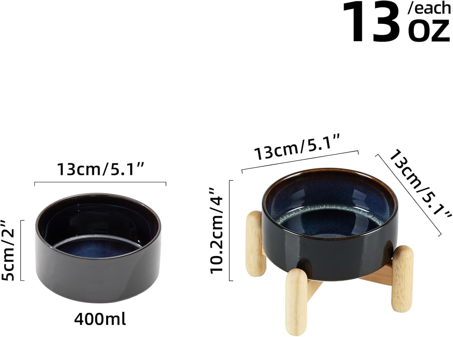 Ceramic 5.1inch Raised Dog and Cat Bowl Set, Elevated with Wooden Stand, Food and Water Bowl for Small Breed Dogs, Cats, Kitty, Weighted Dog Dishes, Pet Bowls(13.5oz, Starry Sky) - Pet Explorer
