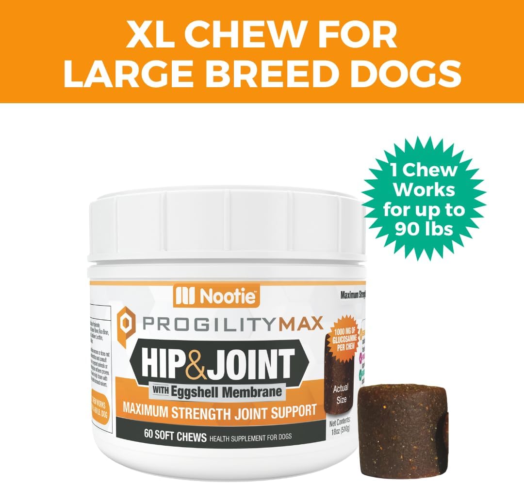 Nootie ProgilityMAX Hip & Joint Supplement for Large Dogs, Maximum Strength Dog Joint Support with Eggshell Membrane, Glucosamine and Chondroitin, 60 Count - Pet Explorer