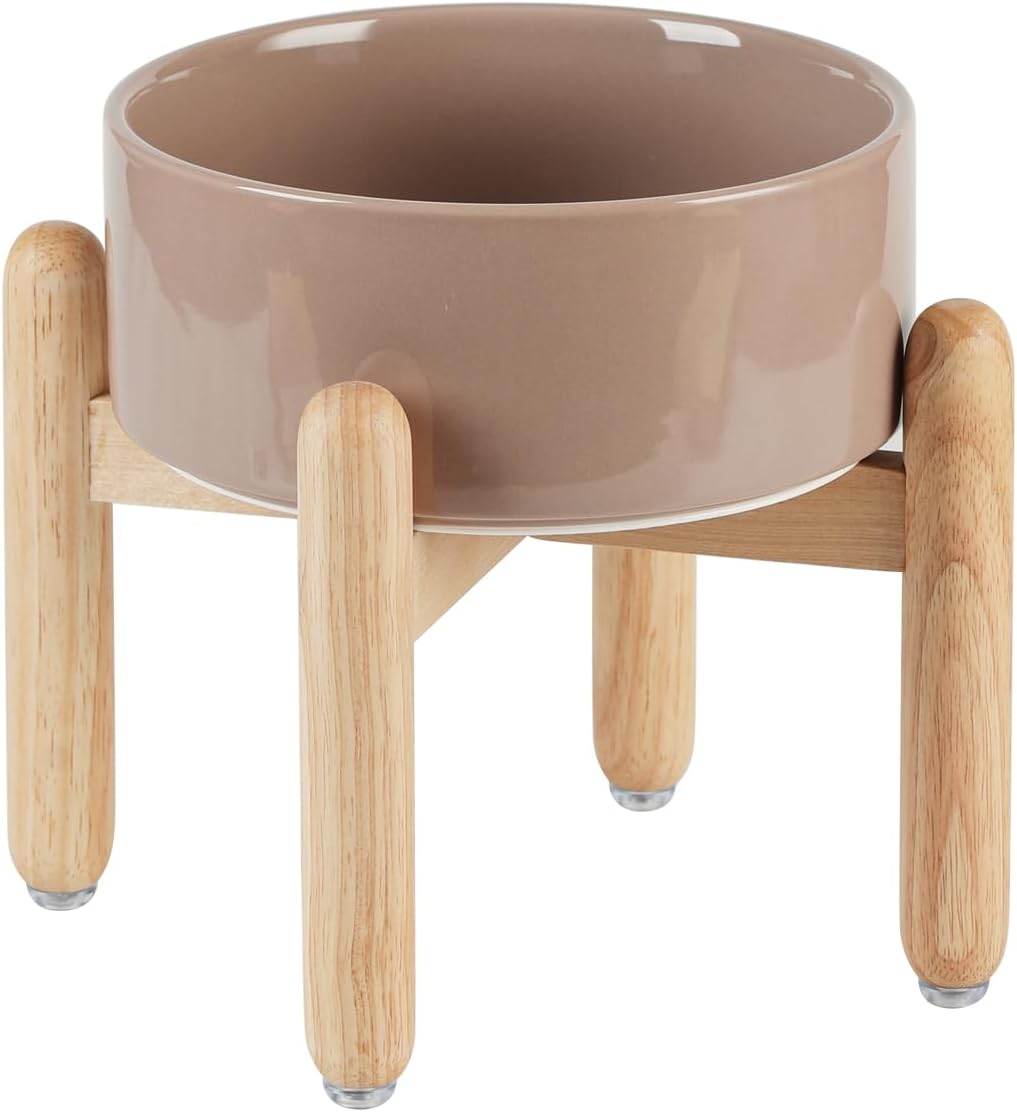 Ceramic 7.3inch Raised Dog Bowl Set, Elevated with Wooden Stand, Food and Water Bowl for Medium Breed Dogs, Weighted Dog Dishes, Pet Feeder(Brown Coffee) - Pet Explorer