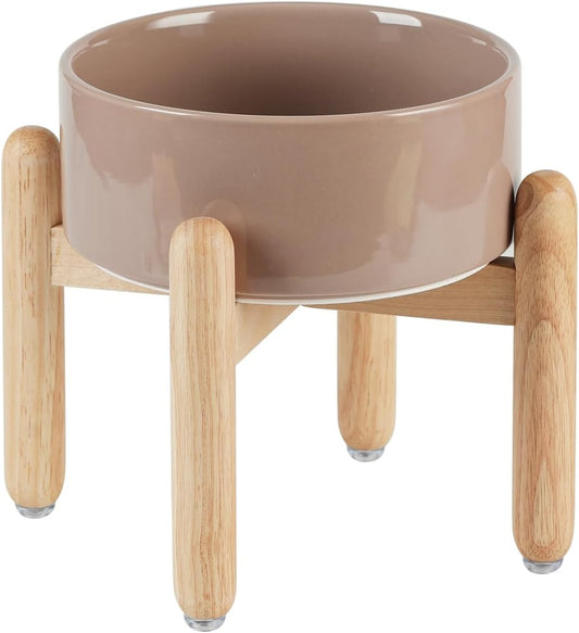 Ceramic 7.3inch Raised Dog Bowl Set, Elevated with Wooden Stand, Food and Water Bowl for Medium Breed Dogs, Weighted Dog Dishes, Pet Feeder(Brown Coffee) - Pet Explorer