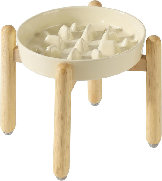 9.5inch Ceramic Dog Raised Slow Feeder Set, Elevated Bowl with Wooden Stand for Large Dog, Slow Feeder Dish for Fast Easters, Anti-Gulping(Beige, Single Bowl+ Stand) - Pet Explorer