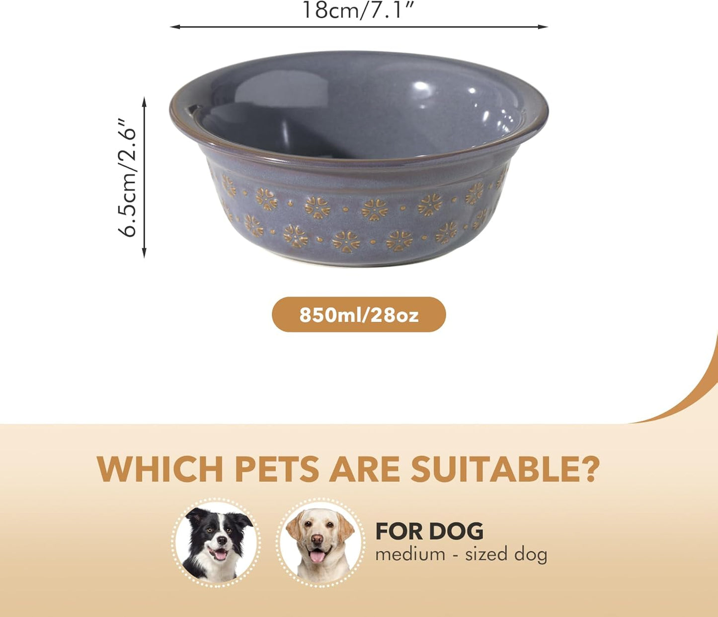 Ceramic 7.1inch Set of 2 Dog Bowls for Medium and Large Dog, 2pcs Basic Food and Water Dishes for Replacement, Wide Opening Rounded Edge (2 Bowls, Reactived Glaze -Grey) - Pet Explorer