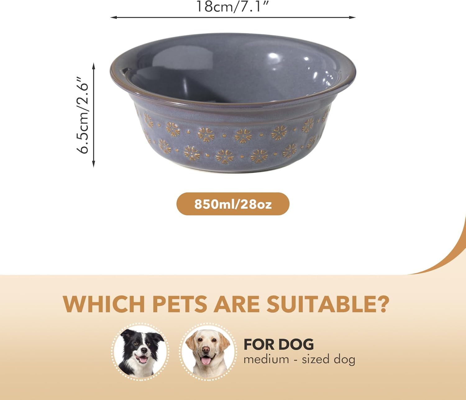 Ceramic 7.1inch Set of 2 Dog Bowls for Medium and Large Dog, 2pcs Basic Food and Water Dishes for Replacement, Wide Opening Rounded Edge (2 Bowls, Reactived Glaze -Grey) - Pet Explorer
