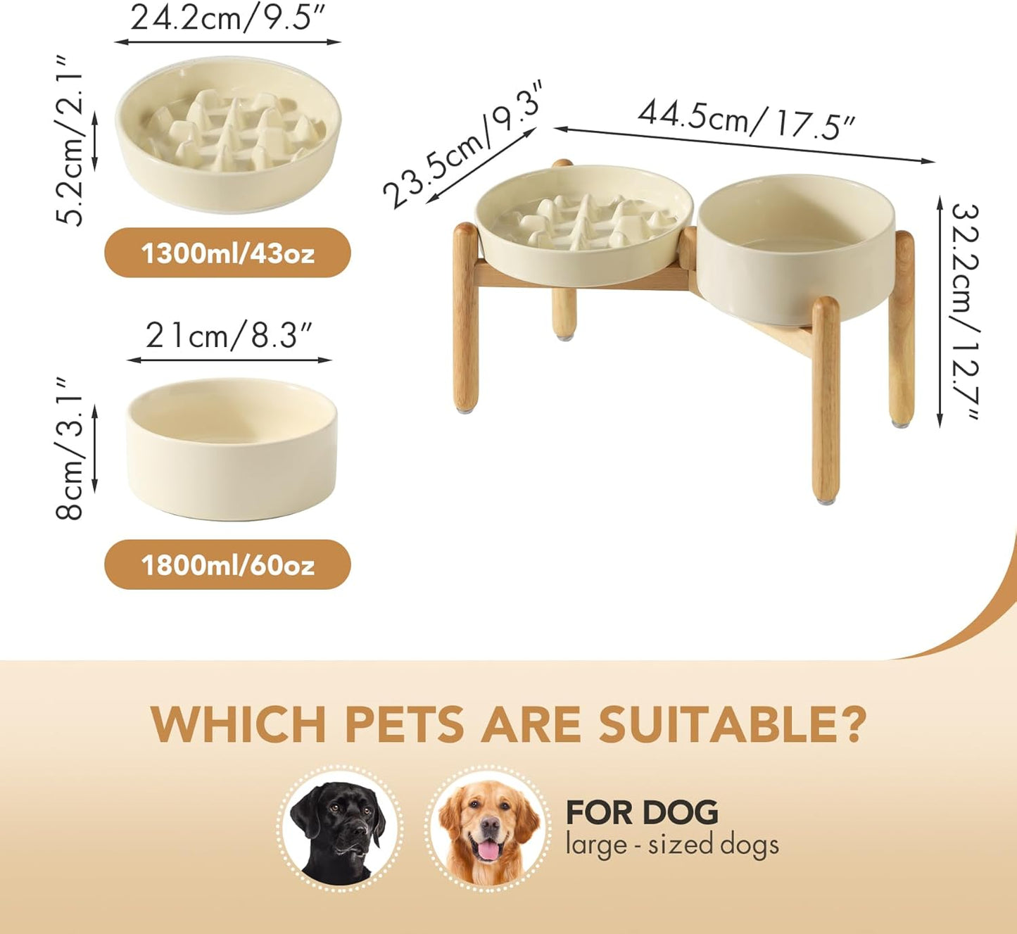 Ceramic Raised Slow Feeder Dog Bowl Set, Elevated 8.2inch Bowl and 9.5inch Slow Pet Food Dish with Wooden Stand for Large Dog (2 x Beige+ Stand) - Pet Explorer