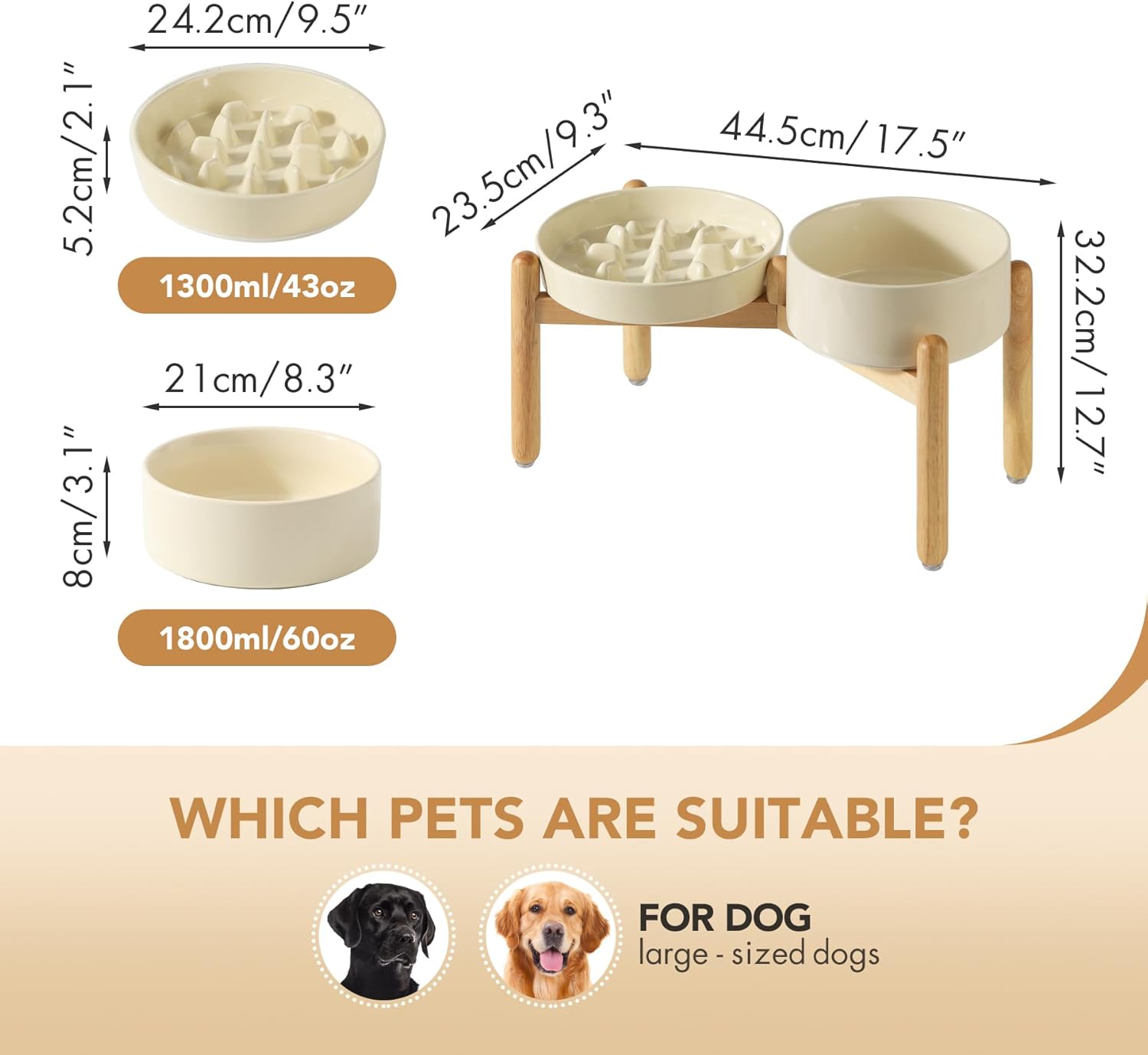 Ceramic Raised Slow Feeder Dog Bowl Set, Elevated 8.2inch Bowl and 9.5inch Slow Pet Food Dish with Wooden Stand for Large Dog (2 x Beige+ Stand) - Pet Explorer