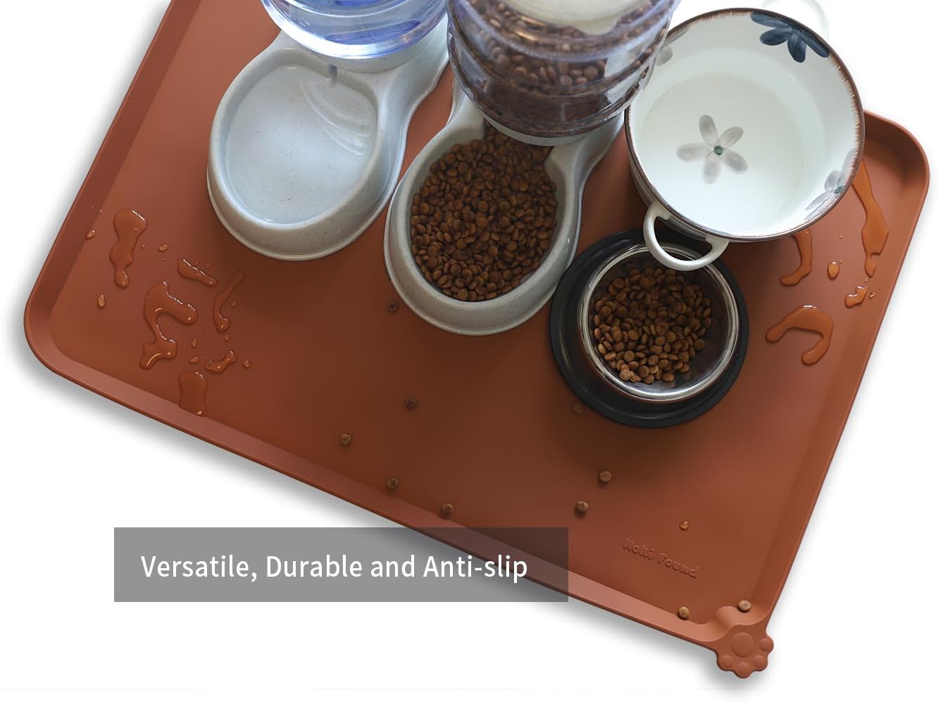 Hoki Found X-Large Silicone Pet Food Mats - Non Slip Pet Dog Cat Bowl Mats - Caramel - Pet Explorer