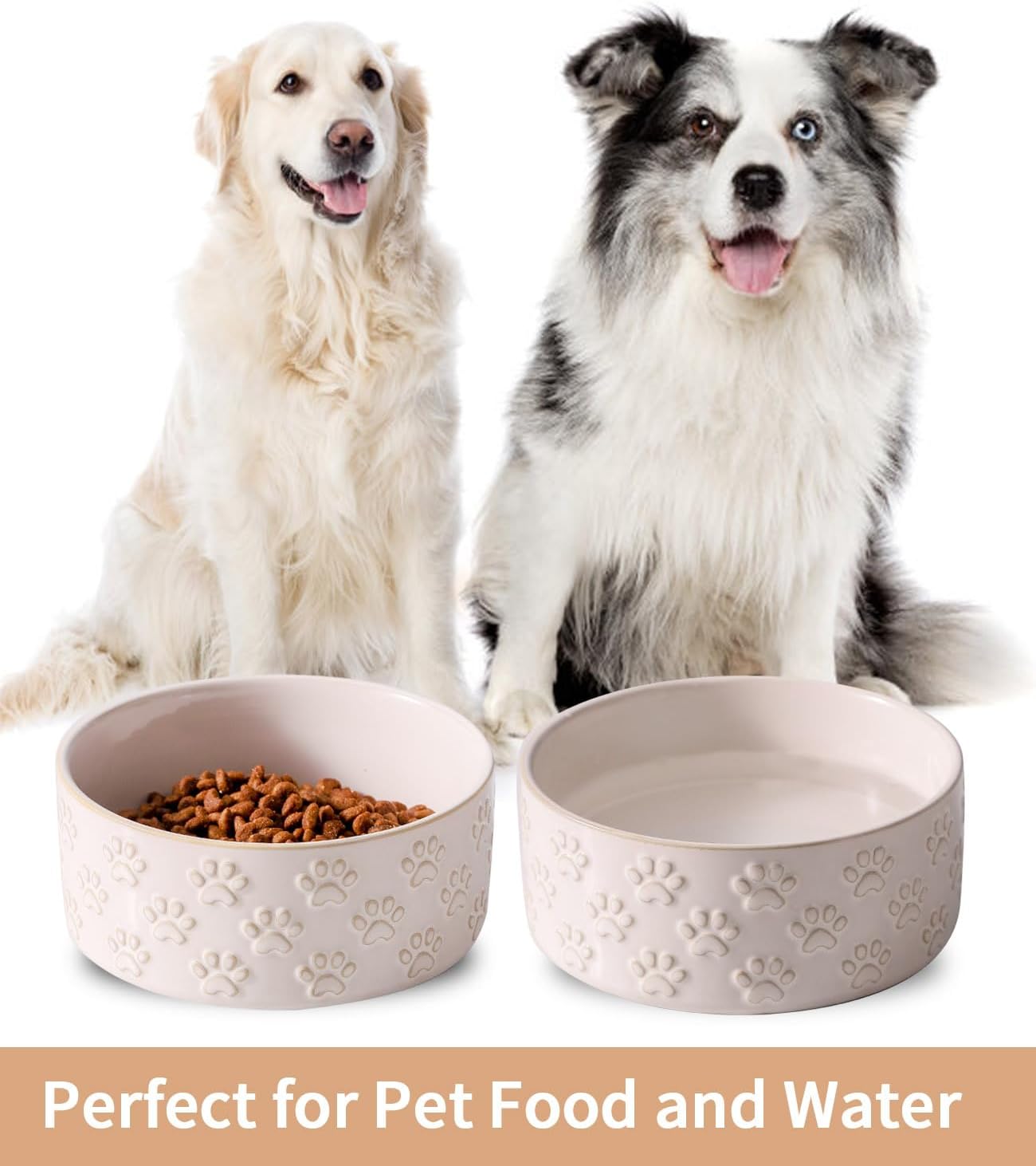 UBEE Ceramic Dog Food Bowl Set of 2, 6.1 inch Dog Dish Bowl with Paw Pattern, Pet Food Water Dish Feeding for Small and Meidum Dogs and Large Cat, White - Pet Explorer