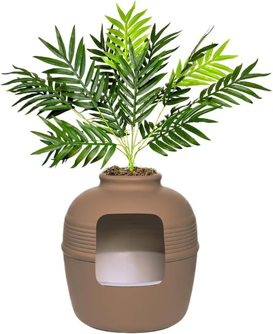Good Pet Stuff Hidden Litter Box Planter, Decorative Cat Litter Enclosure with Carbon Filter, Artificial Plant, Easy Clean, Removable Liner, Round Style, Essentials Kit, Chestnut Brown