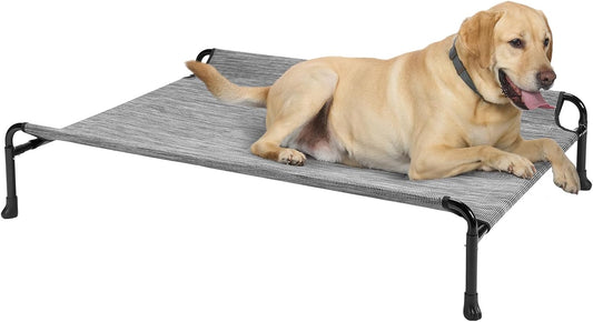 Veehoo Cooling Elevated Dog Bed - Raised Dog Bed with Guardrail, Non-Slip Portable Camping Cot, 41 x 27 Inches, Black Silver - Pet Explorer