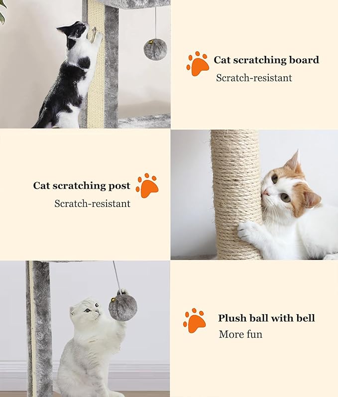 SYANDLVY Cat Tree with Scratching Post for Indoor Cats, Scratching Board with Perch, Cat Post Scratcher with 2 Dangling Balls, Great for Kittens, Grey