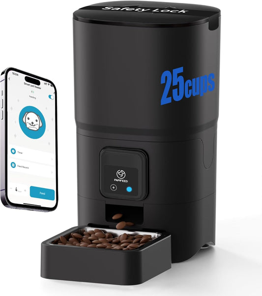 PAPIFEED 2.4G WiFi Automatic Cat Feeder, 6L/25Cup Automatic Pet Feeder with APP Control for Remote Feeding, Detachable for Easy Clean, Cat Food Dispenser with Alexa,1-10 Meals Per Day for Dog, Black - Pet Explorer