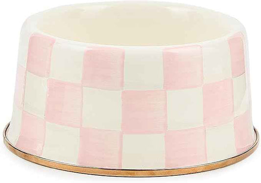 MACKENZIE-CHILDS Enamel Pet Bowl, Cute Cat and Dog Bowl for Food and Water, Medium, Pink-and-White Rosy Check