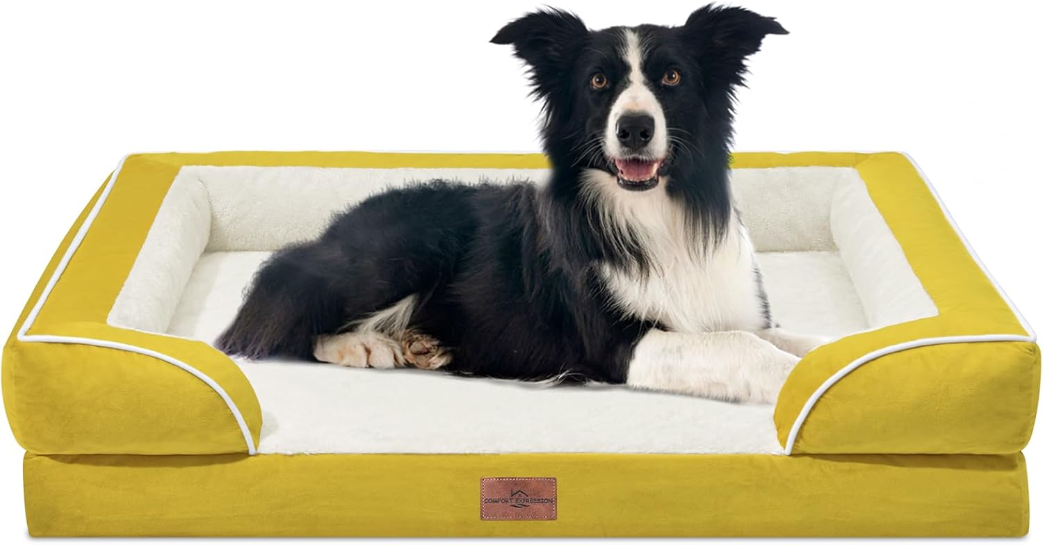 Comfort Expression Waterproof Dog Beds Large Sized Dogs, Large Dog Beds Orthopedic Foam, Comfy Pet Bed Sofa with Washable Removable Cover & Non-Slip Bottom(Spicy Mustard) - Pet Explorer