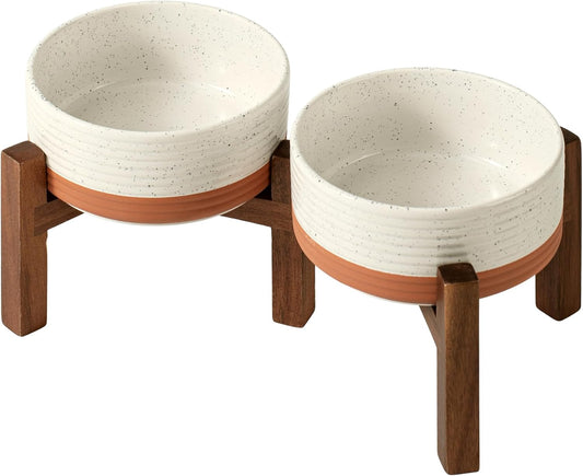 Ceramic 6.1inch Raised Double Dog Bowls Set with Acacia Wood Stand, 2 Heights Elevated, Food & Water Bowls for Small Dogs(28.2oz, Vanilla White) - Pet Explorer