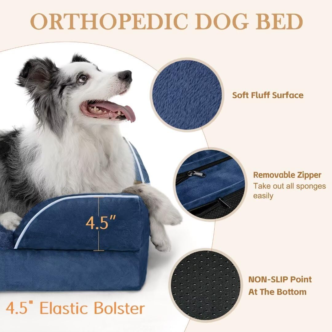 Comfort Expression Large Dog Beds, Waterproof Dog Beds Orthopedic Foam, Dogs Sofa Comfy Pet Beds with Washable Removable Cover & Non-Slip Bottom(Large,Navy Blue) - Pet Explorer