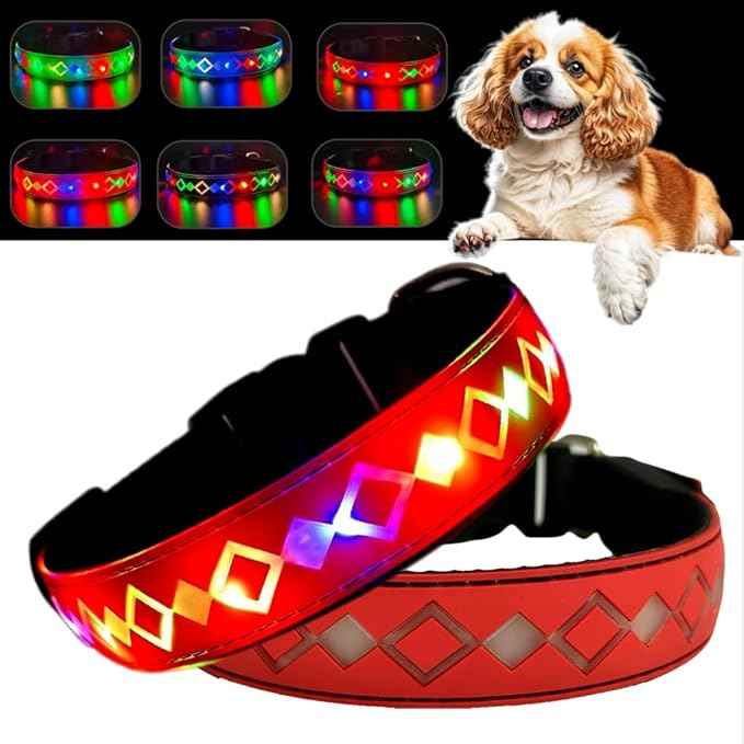 LED Dog Collar with AirTag Holder and Custom ID Tag, 15 Light Modes, Waterproof, Multiple Colors (RED Pro, M(11.8-15.7"))
