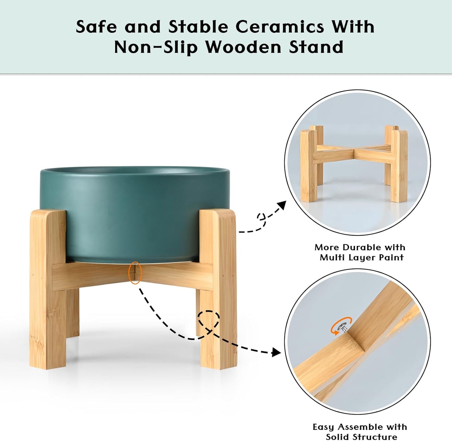 SPUNKYJUNKY Ceramic Elevated Dog Bowls 2 Pack - 8.3inch Raised Dog Bowls with Non-Slip Wooden Stand for Large Dogs Dishwasher Safe(Green,60OZ*2) - Pet Explorer