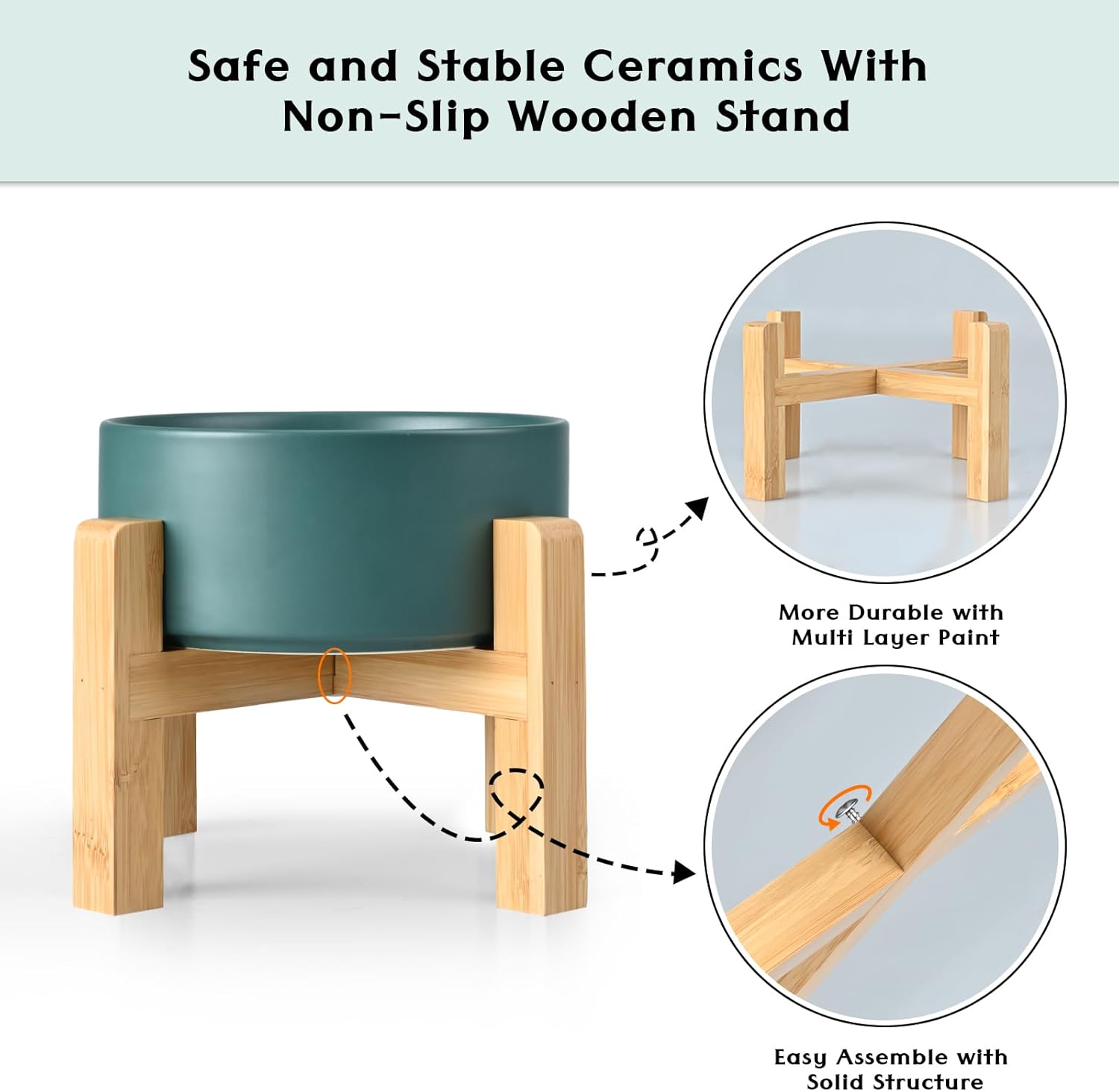 SPUNKYJUNKY Ceramic Elevated Dog Bowls 2 Pack - 8.3inch Raised Dog Bowls with Non-Slip Wooden Stand for Large Dogs Dishwasher Safe(Green,60OZ*2) - Pet Explorer