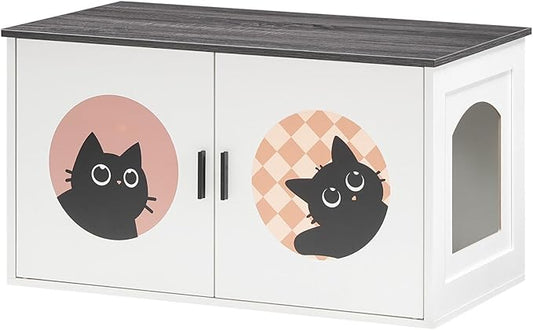 HOOBRO Hidden Litter Box Furniture, Large Cat Litter Box Enclosure Furniture, Wooden Litter Box Cabinet with Cute Cat Patterns & Arched Entrance, 31.3" L x 17.7" W x 17.3" H, White and Gray BW08MW01