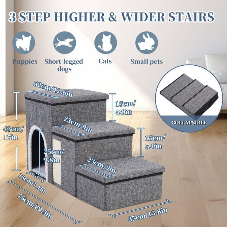 Dog Stairs for High Bed and Couch, 4 IN 1 Foldable Pet Stairs for Cats & Small and Medium Dogs, Adjustable Dog Steps with Pet Climbing Ladders/Cozy Condo/Storage Boxes/Cat Scratcher, Hold Up to 180LBS - Pet Explorer