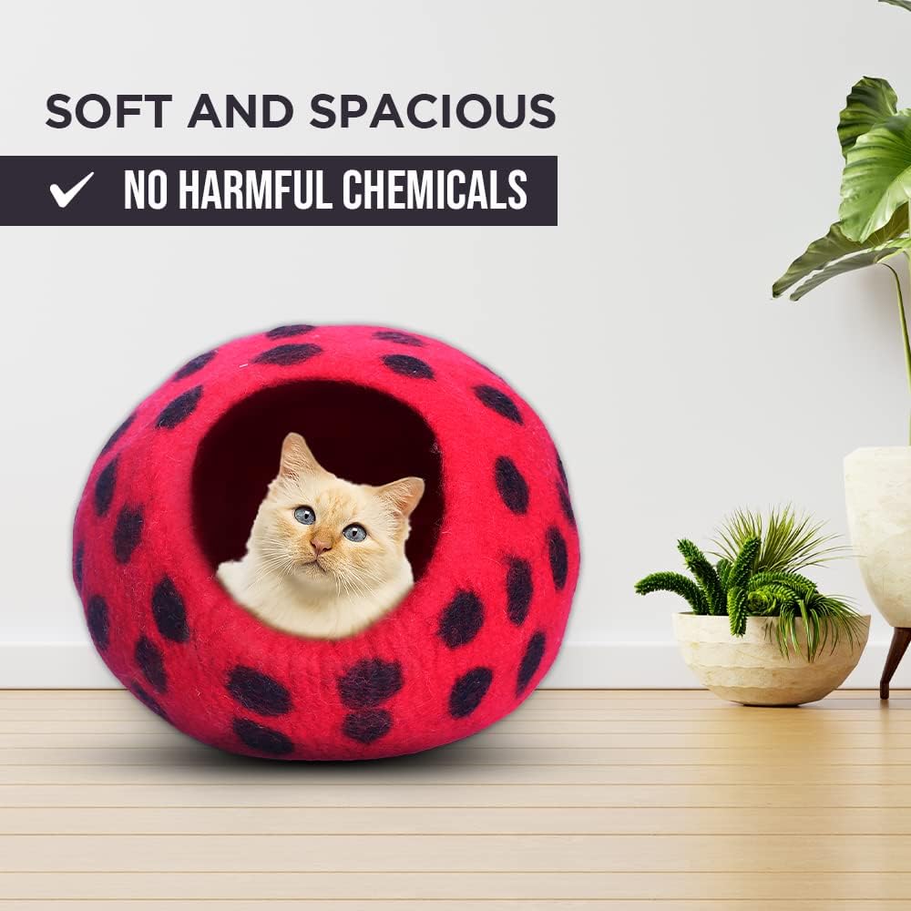 Woolygon Premium Felt Cat Cave Bed - Polka Dot Series - Wool Kitty Beds Handcrafted Kitten Caves Bed for Indoor Cats - Eco-Friendly Merino Wool, Foldable Cat Hideaway Cat Houses (Red/Black Dots) - Pet Explorer