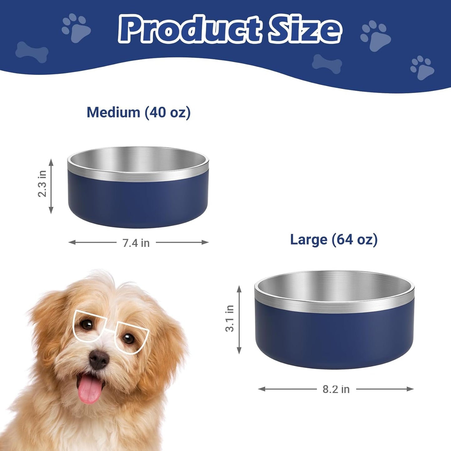 LIANLAI Dog Food Bowl, Rust-Resistant Stainless Steel Dog Bowls, Non-Slip Puppy Bowls Large Size, Spill Proof Puppy Water Dishes (Blue，64 oz) - Pet Explorer
