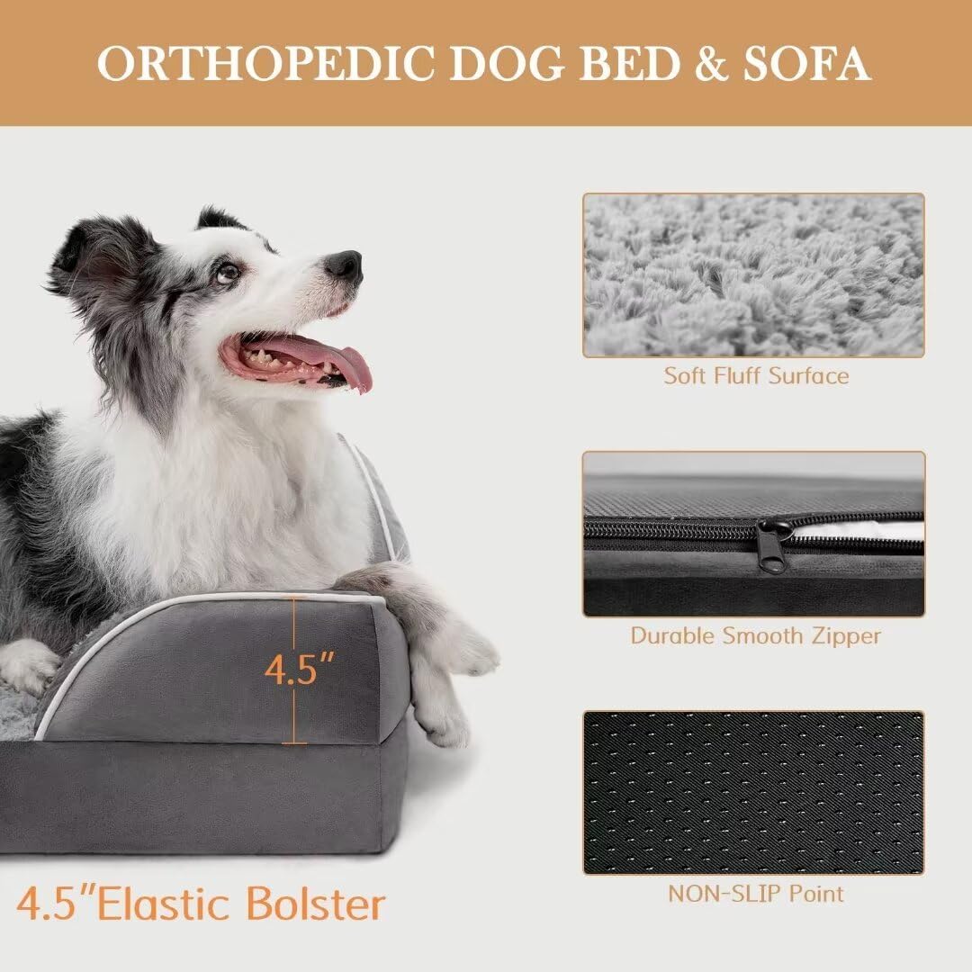 Comfort Expression Cooling Dog Bed for Large Dogs, Orthopedic Memory Foam Beds, Waterproof Washable Dogs Bed with Removable Cover, Pet Bed Dog Sofa with Bolster(Large,Silver Grey) - Pet Explorer