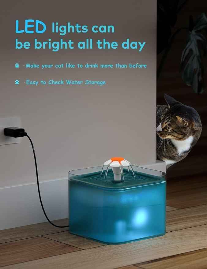 Cat Water Fountain for Cats Indoor: 67oz/2L Cat Fountain - Quiet Pet Water Fountain - Cyan Cat Fountains for Drinking Easy to Clean - for Cats&Pets& Small Animals - Including 4 Filters + 2 Sponges