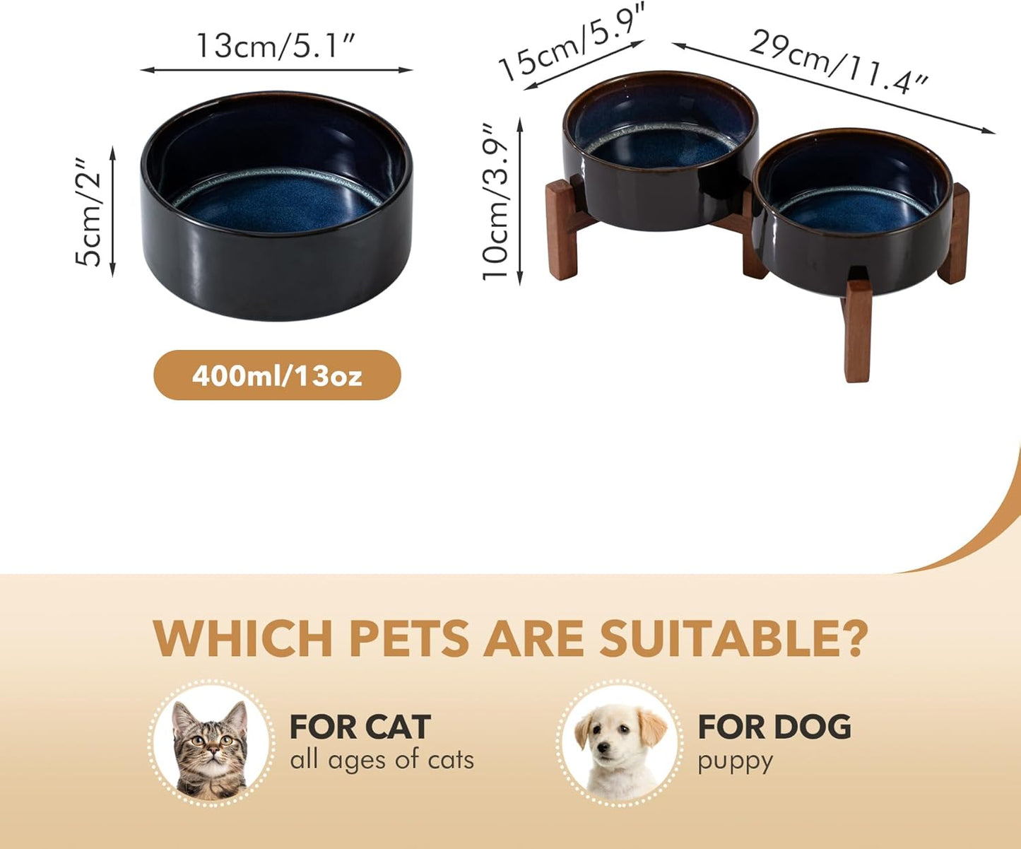 Ceramic 5.1inch Raised Double Bowls Set with Acacia Wood Stand, 2 Heights Elevated, Food & Water Bowls for Puppy, Kitty, Cats(13.5oz, Starry Sky) - Pet Explorer