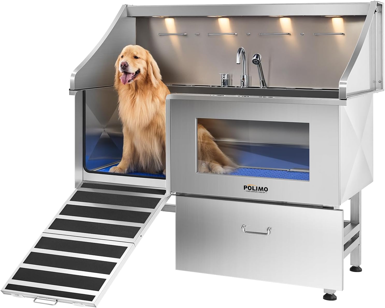 polimo Dog Washing Station, LED Professional Stainless Steel Dog Bathing Station 61", Dog Grooming Tub for Large, Medium & Small Dog - with Window, Ramp, Drawer, Floor Grate & Faucet (Left RAMP, 61") - Pet Explorer