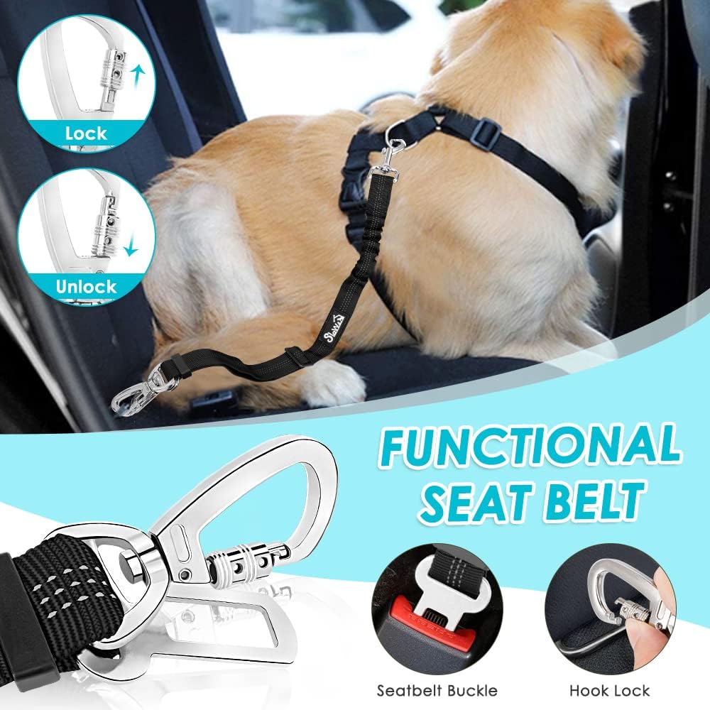 SlowTon Dog Seat Belt Harness for Car, Dog Car Harness Adjustable Mesh Breathable & Dog Seatbelt Safety Tether with Elastic Bungee for Small Medium Large Pets(Light Blue, Double Clip, L) - Pet Explorer