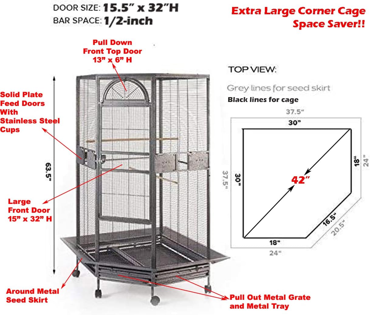 64" Extra Large Corner Bird Flight Breeding Wrought Iron Rolling Parrot Cage Side Solid Metal Plate Feed Doors Pull Out Removable Grate and Tray with Around Metal Seed Guard