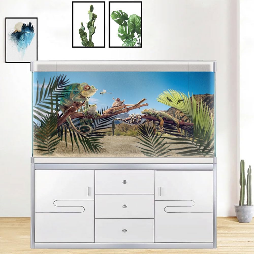 Reptile Habitat Background, Retro Desert Oasis Cactus Terrarium Background 72X18 in Background with 8 EVA Double-Sided Tape - Pet Explorer