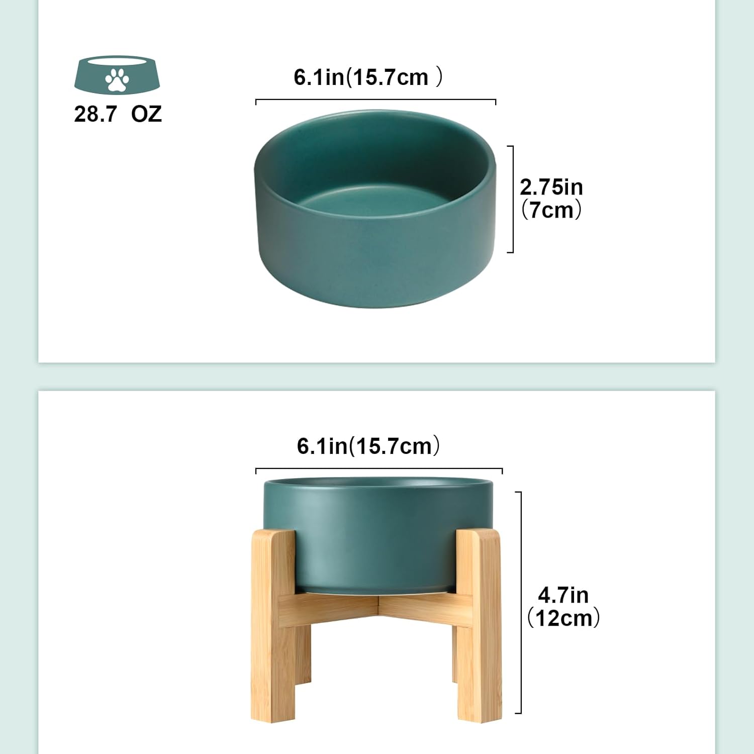 SPUNKYJUNKY Ceramic Elevated Dog Bowls 2 Pack - 6.1inch Raised Dog Bowls with Non-Slip Wooden Stand for Medium Dogs Dishwasher Safe(Green,28.7OZ*2) - Pet Explorer
