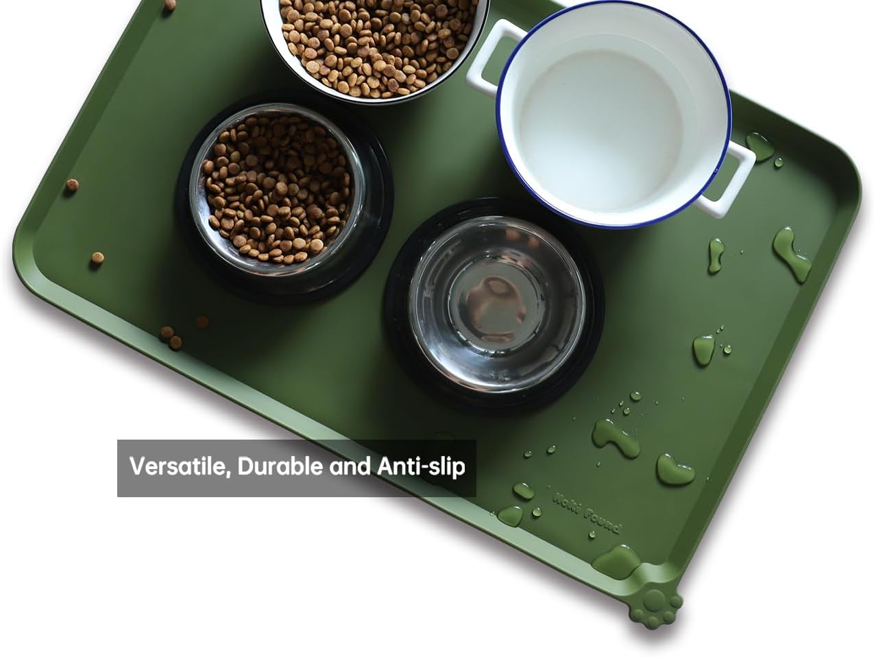 Hoki Found Large Silicone Pet Food Mats Tray - Waterproof Dog Pet Cat Feeding Mat - Non Slip Pet Dog Cat Food Bowl Mats Placemat -Pet Water Mats for Carpet - Dark Olive - Pet Explorer
