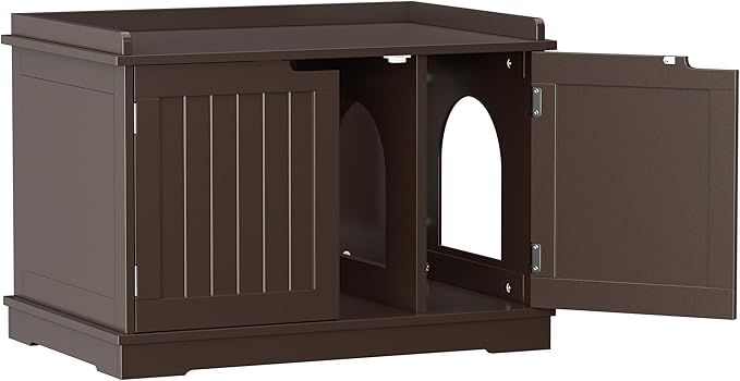 ZENY Cat Litter Box Enclosure Furniture Hidden, Wooden Cabinet with Divider, Modern Cat Washroom Storage Bench，Fit Most of Litter Box, Brown