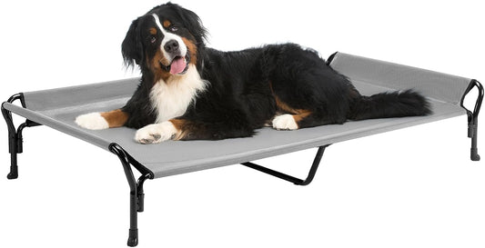 Veehoo Cooling Elevated Dog Bed, Guardrail Raised Pet Cot, Indoor & Outdoor XXL Pet Bed with Washable & Breathable Teslin Mesh, Non-Slip Feet, Dog Couch Bed, 62.5" x 37", Grey - Pet Explorer