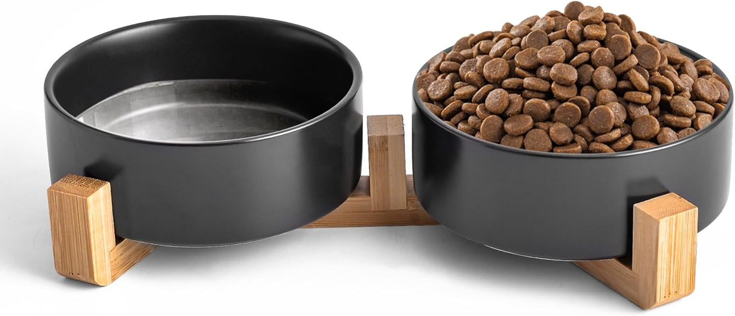 Black Ceramic Dog & Cat Bowl Set – 13.5 OZ with Wooden Stand, Non-Slip, Elevated Design for Small Dogs & Cats – 2 Bowls (Food & Water, Ceramic Pet Bowls, Modern Dog Bowls) - Pet Explorer