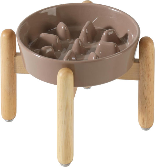 7.3inch Ceramic Dog Raised Slow Feeder Set, Elevated Bowl with Wooden Stand for Medium and Small Dog, Slow Feeder Dish for Fast Easters(Brown Coffee, Single Bowl+ Stand) - Pet Explorer