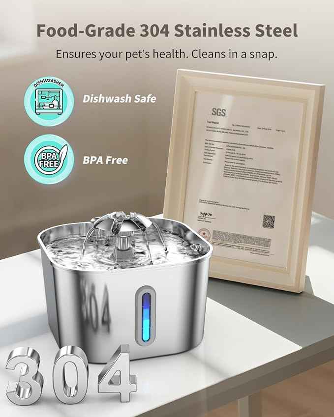 Cat Water Fountain Stainless Steel, 2.2L/74oz Cat Fountain with Quiet Pump, Automatic Pet Water Dispenser, Ideal for Multi-pet Homes, Fresh & Clean Water for Cats and Dogs