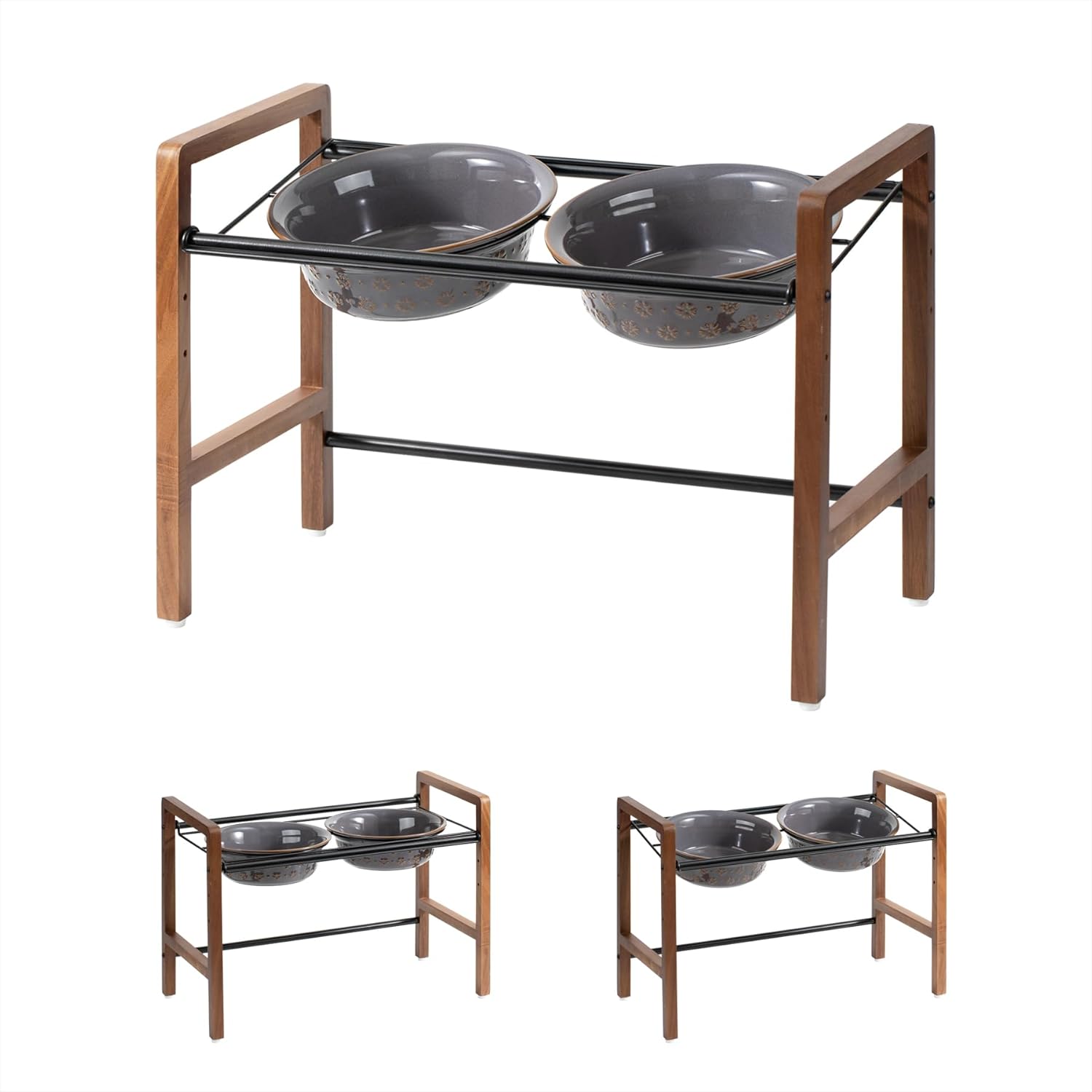 7.1inch Ceramic Adjustable Raised Double Bowls Set with Stand, 3 Heights Elevated, 2 Placement Options,Food and Water Bowls for Medium and Large Dog(Reactived Glaze -Grey) - Pet Explorer