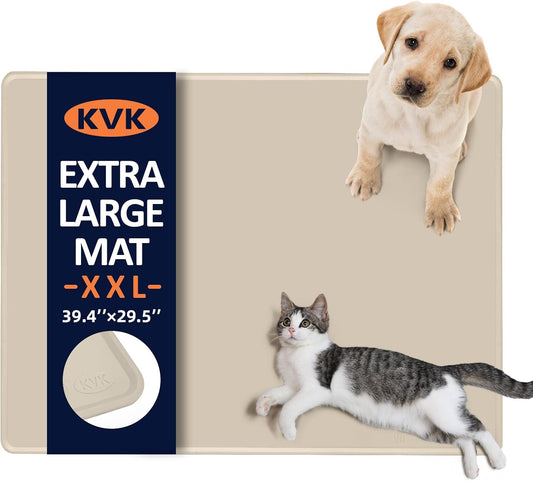 KVK Dog Food Mat, 39.4×29.5in Extra Large Silicone Pet Feeding Mat - Waterproof, Non - Slip, Chew - Resistant for Food & Water, Protect Floors (Cream) - Pet Explorer