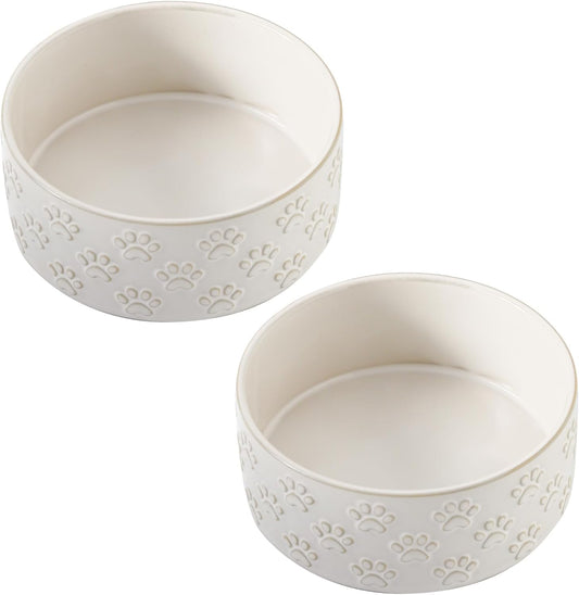 UBEE Ceramic Dog Bowl Set of 2, 5.1 inch Dog Dish Food Bowl with Paw Pattern, Pet Food Water Dish Feeding for Small Dogs and Large Cat, White - Pet Explorer